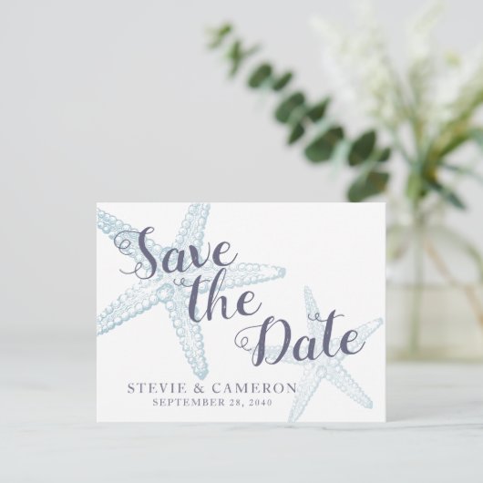 スターフィッシュビーチ結婚式ほこりっぽいブルー日付を保存 案内ポストカード (スタンド正面)