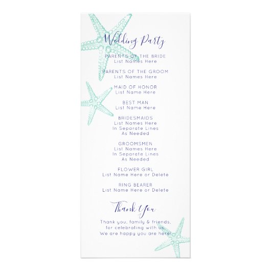 スターフィッシュビーチ結婚式プログラム – ターコイズブルー ラックカード (裏面)