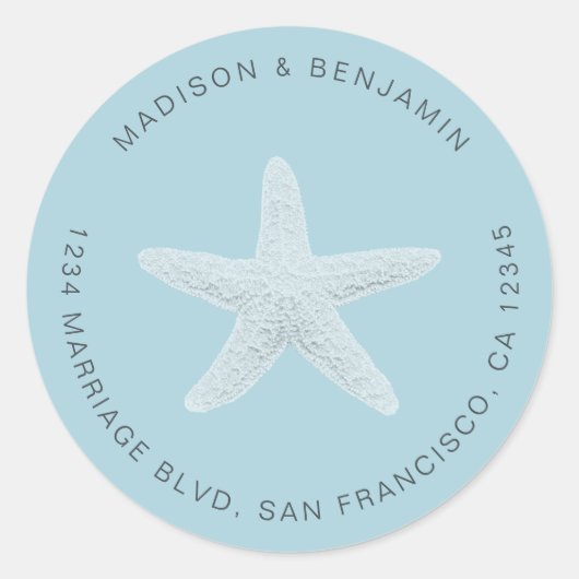 スターフィッシュビーチ結婚式差出人住所ブルー ラウンドシール (正面)