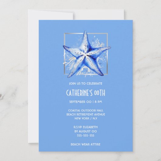 スターフィッシュブルーシルバーホワイトビーチテーマ誕生日 招待状 (正面)
