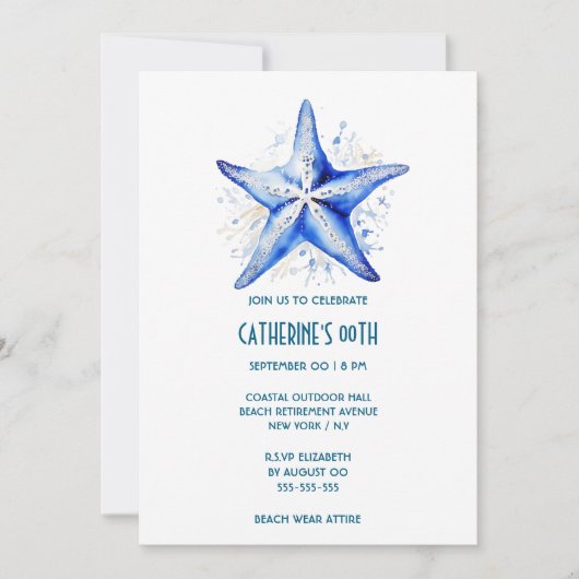 スターフィッシュブルー白ビーチテーマ誕生日 招待状 (正面)