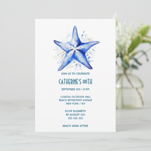 スターフィッシュブルー白ビーチテーマ誕生日 招待状 (スタンド正面)