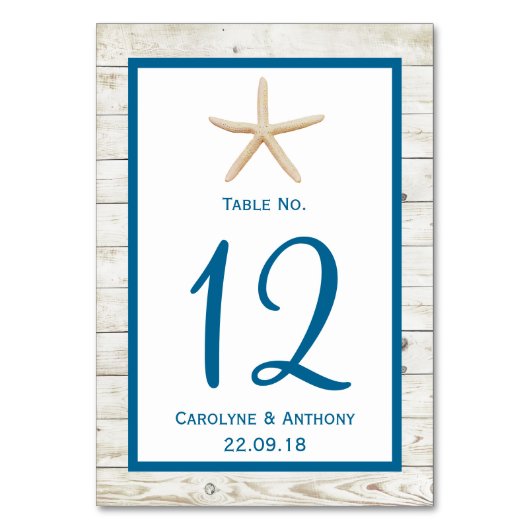 スターフィッシュホワイトウォッシュウッドビーチ結婚式コレクション テーブルナンバー (正面)