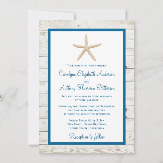 スターフィッシュホワイトウォッシュウッドビーチ結婚式コレクション 招待状 (正面)