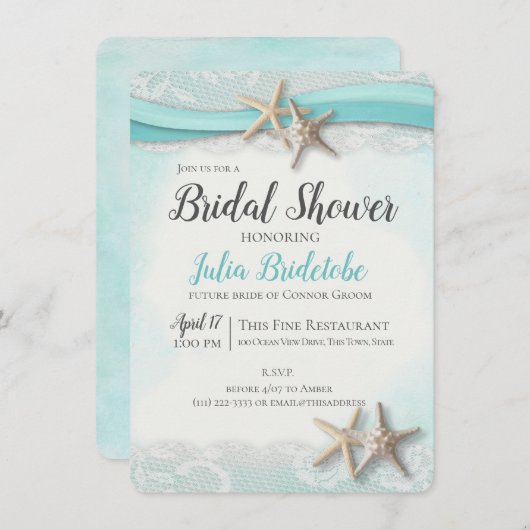 スターフィッシュリボンヴィンテージビーチブライダルシャワー 招待状 (正面/裏面)
