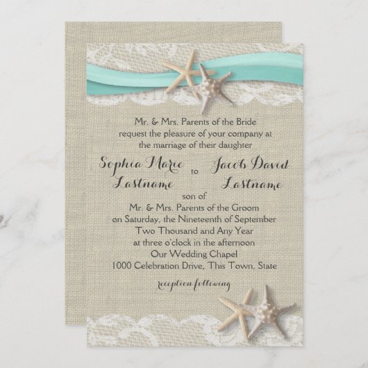 スターフィッシュレースとリボン 招待状 (正面/裏面)