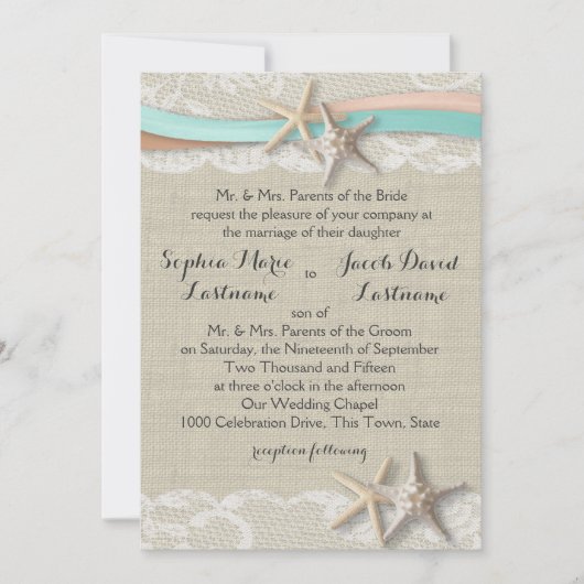 スターフィッシュレースとリボン 招待状 (正面)