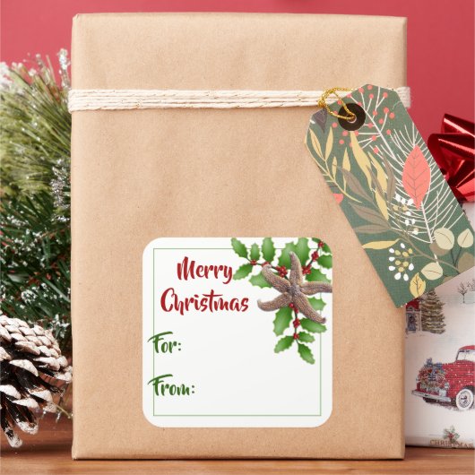 スターフィッシュンホリーグリーンビーチクリスマスギフトタグ スクエアシール (クリスマス)