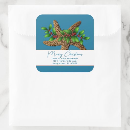 スターフィッシュンホリーブルークリスマス差出人住所 スクエアシール (バッグ)