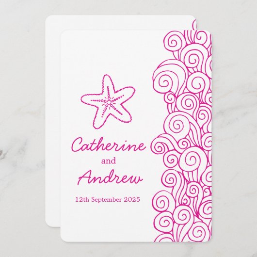 スターフィッシュ海の渦巻きピンクのビーチ結婚式招待 招待状 (正面/裏面)