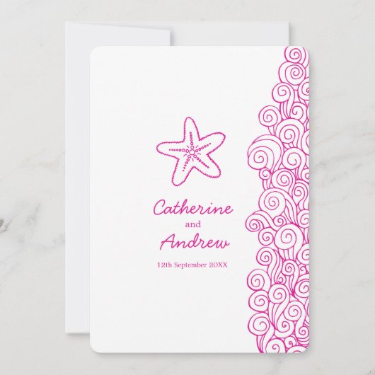 スターフィッシュ海の渦巻きピンクのビーチ結婚式招待 招待状 (正面)