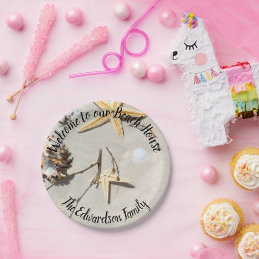 スターフィッシュ砂ようこそビーチハウスの家族の名前 ペーパープレート (パーティー)