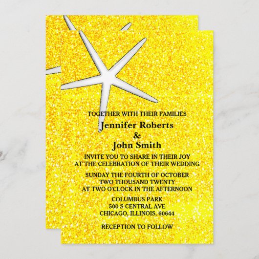 スターフィッシュ金ゴールドイエローグリッター王室のビーチ結婚ズ 招待状 (正面/裏面)