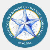 スターフィッシュ ウェディング ブルー ホワイト ビーチ テーマ ラウンド ラウンドシール (正面)