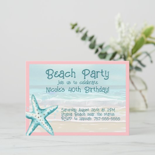 スターフィッシュ オーシャンビーチパーティー アクア＆ピンクの水彩画 招待状 (スタンド正面)