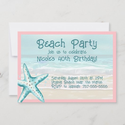 スターフィッシュ オーシャンビーチパーティー アクア＆ピンクの水彩画 招待状 (正面)