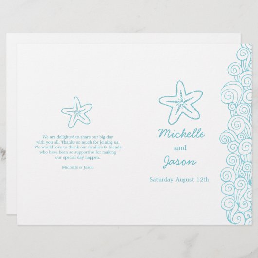 スターフィッシュ&スワール青い白い結婚式プログラム (正面/裏面)