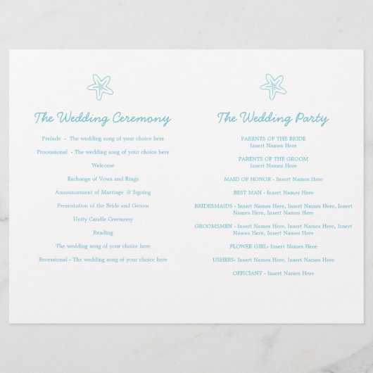 スターフィッシュ&スワール青い白い結婚式プログラム (裏面)