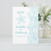 スターフィッシュ&スワール青&白アートウェディングRSVP 出欠カード (スタンド正面)