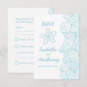 スターフィッシュ&スワール青&白アートウェディングRSVP 出欠カード (正面/裏面)