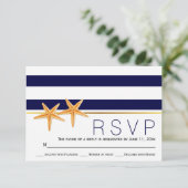 スターフィッシュ&ネイビーブルーストライプビーチ結婚式RSVP 出欠カード (スタンド正面)