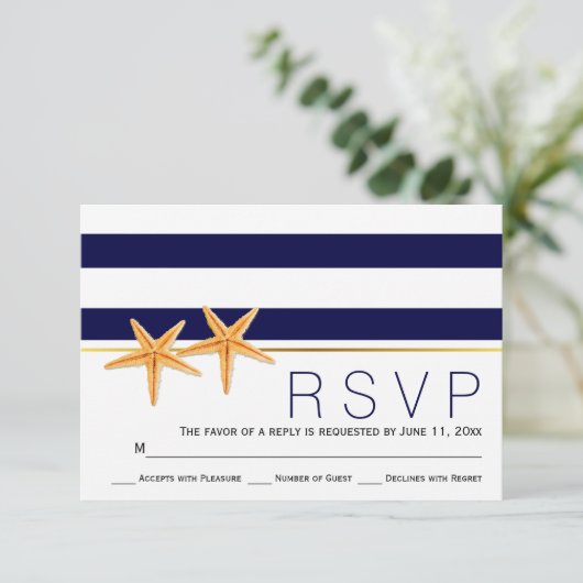 スターフィッシュ&ネイビーブルーストライプビーチ結婚式RSVP 出欠カード (スタンド正面)