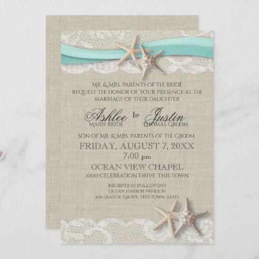スターフィッシュ&レース素朴ビーチアクア結婚ズ 招待状 (正面/裏面)