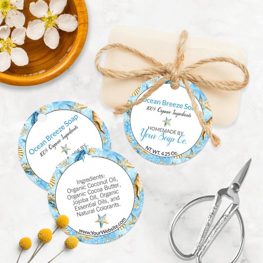 🌊 スターフィッシュ 水彩 ビーチをテーマにした石鹸用ハンギングタグ フェイバータグ