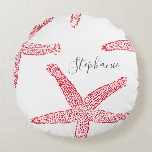 スターフィッシュ 赤 白 ビーチ ネーム テンプレート クリスマス ラウンドクッション (正面)