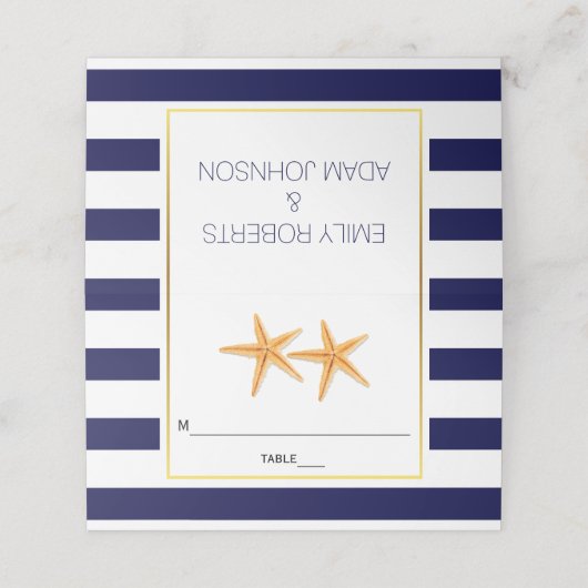 スターフィッストライプグ&ネイビー結婚ブルーの折り畳みエスコート プレイスカード (外部開封)