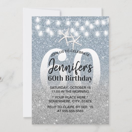 スターフィッモダングダスティブルーグリッター60誕生日 招待状 (正面)