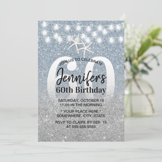 スターフィッモダングダスティブルーグリッター60誕生日 招待状 (スタンド正面)