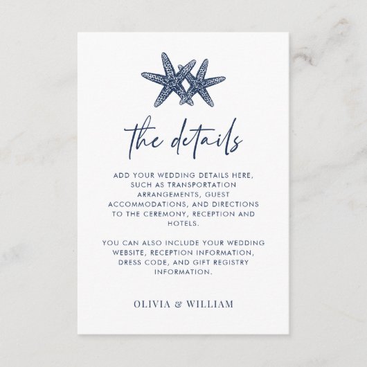 スターフィッモダングネイビーブルービーチ結婚式詳細 エンクロージャーカード (正面)