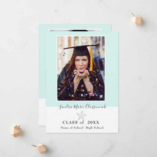 スターフィッモダンシュアクアティール（緑がかった色）ブルー卒業 案内状 (正面/裏面インサイチュ)