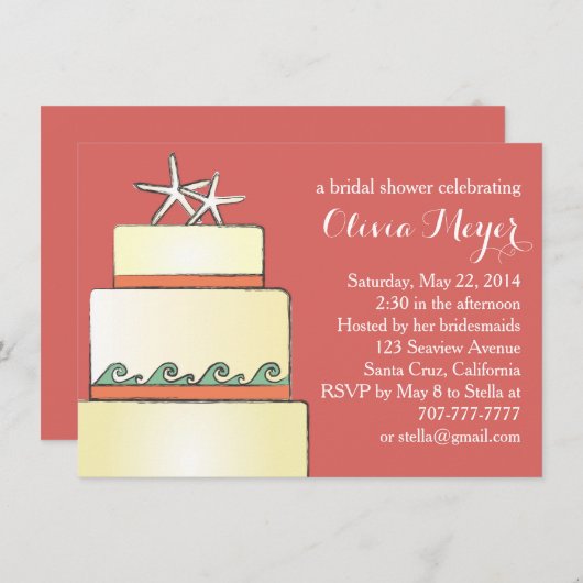 スターフィッ結婚トケーキブライダルシャワー招待状サンゴ 招待状 (正面/裏面)