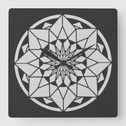 スターマンダラ編み物ブラック&ホワイト スクエア壁時計 (正面)