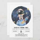 スターモダンコズミック宇宙飛行士ボーイ誕生日 招待状 (正面/裏面)