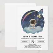 スターモダンプリント可能な宇宙飛行士ボーイ誕生日 招待状 (正面/裏面)