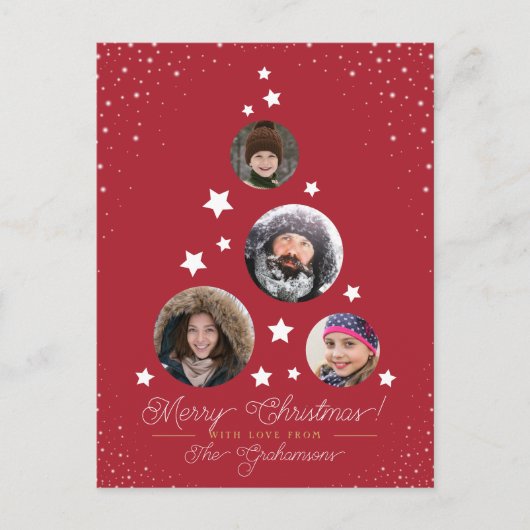 スターモダンリークリスマスツリーと4家族の写真 シーズンポストカード (正面)
