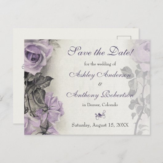スターリングシルバーパープルバラ結婚式日付を保存 案内ポストカード (正面/裏面)