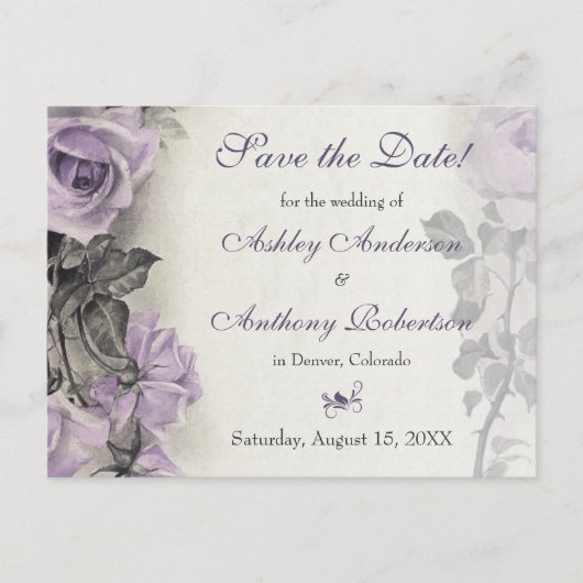 スターリングシルバーパープルバラ結婚式日付を保存 案内ポストカード (正面)