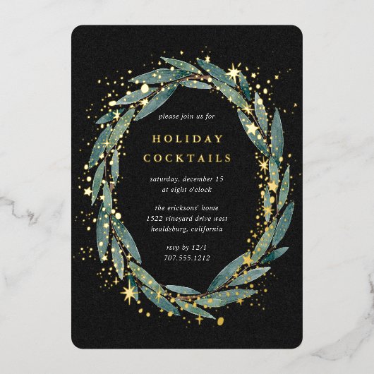 スターリーウィンターローレル |ホリデーパーティー 箔招待状 (正面)
