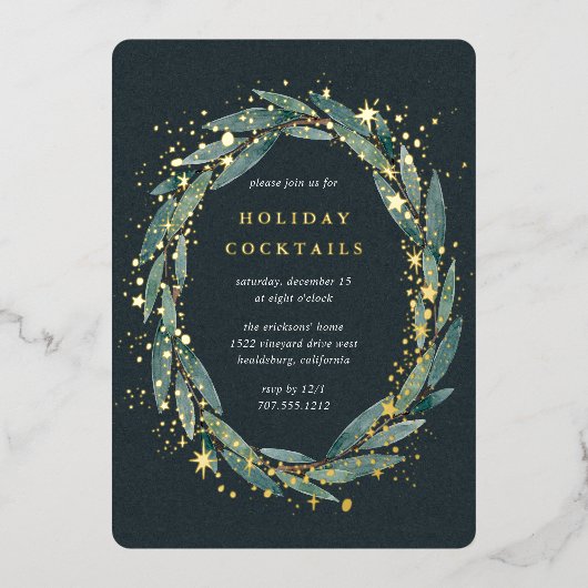 スターリーウィンターローレル |ホリデーパーティー 箔招待状 (正面)