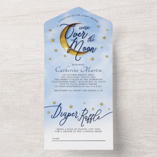 スターリーオーバーザムーンブルー金ゴールド男の赤ちゃんシャワー オールインワン招待状 (内側)