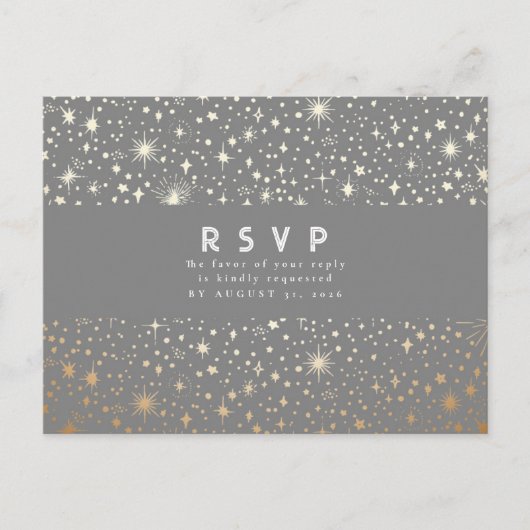 スターリーナイトグレーと金ゴールドウェディングRSVP ポストカード (正面)