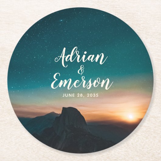 スターリーナイトスカイサンセットマウン結婚テンモダンズ ラウンドペーパーコースター (正面)