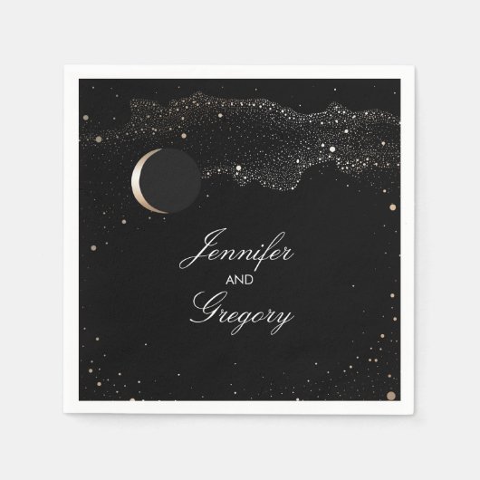 スターリーナイトスターズブラックと金ゴールド結婚ズ スタンダードカクテルナプキン (正面)