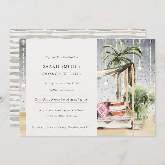 スターリーナイトトロピカルパームカバナウェディング招待状 サンキューカード (正面/裏面)