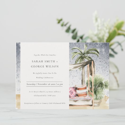 スターリーナイトトロピカルパームカバナウェディング招待状 サンキューカード (スタンド正面)