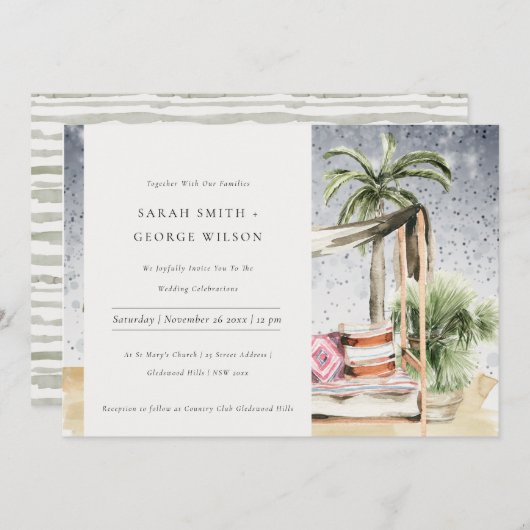 スターリーナイトトロピカルパームカバナウェディング招待状 サンキューカード (正面/裏面)